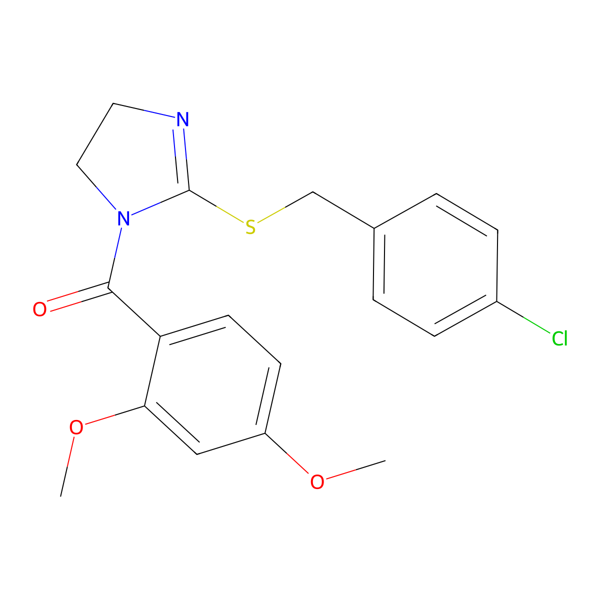 (2-((4-chlorobenzyl)thio)-4,5-dihydro-1H-imidazol-1-yl)(2,4-dimethoxyphenyl)methanone molecular structure, CAS 851801-60-0