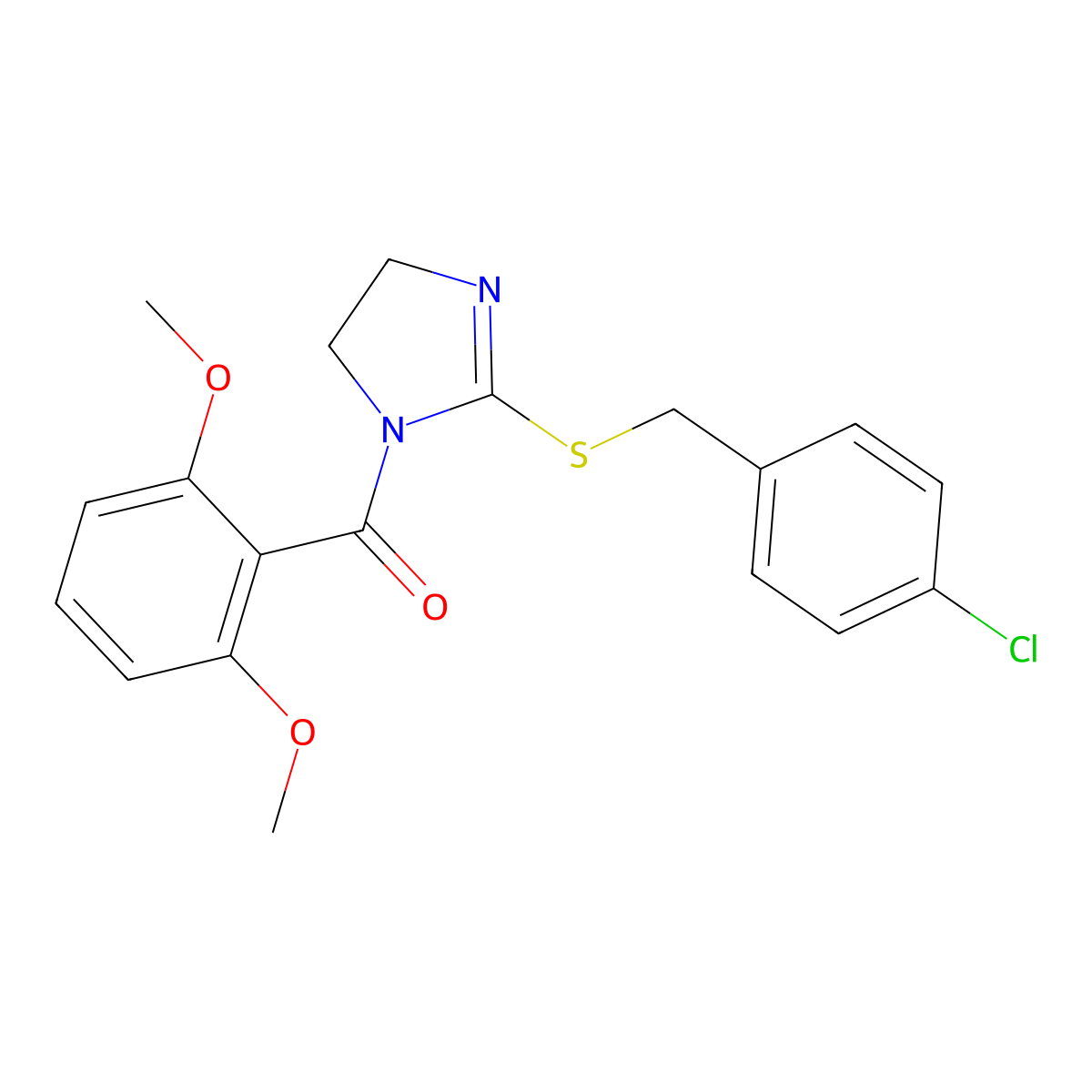 (2-((4-chlorobenzyl)thio)-4,5-dihydro-1H-imidazol-1-yl)(2,6-dimethoxyphenyl)methanone molecular structure, CAS 851801-63-3