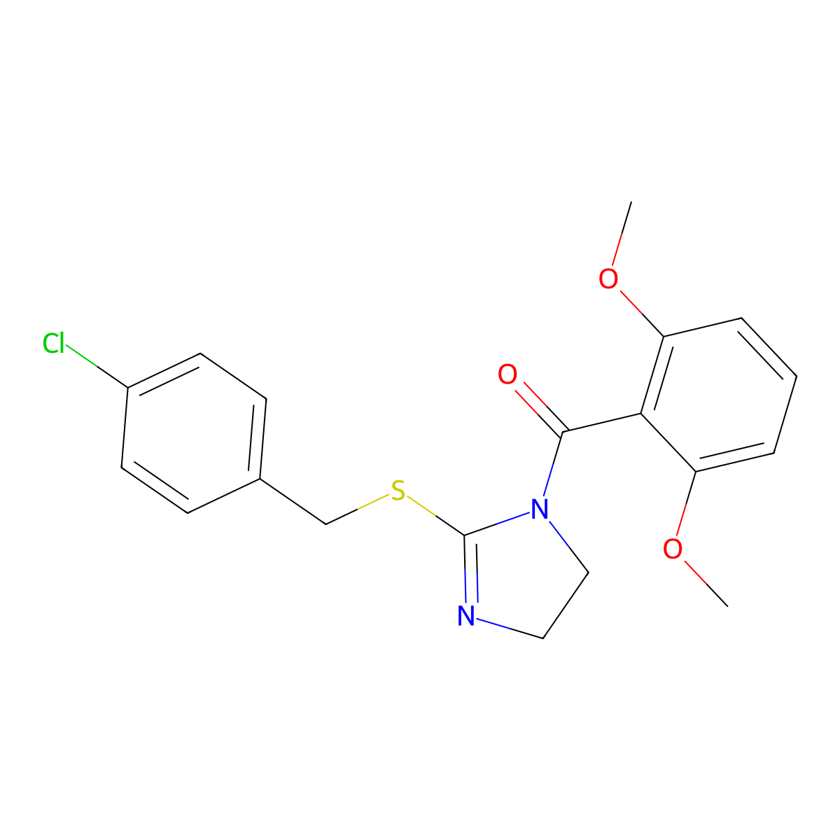 (2-((4-chlorobenzyl)thio)-4,5-dihydro-1H-imidazol-1-yl)(2,6-dimethoxyphenyl)methanone molecular structure, CAS 851801-63-3