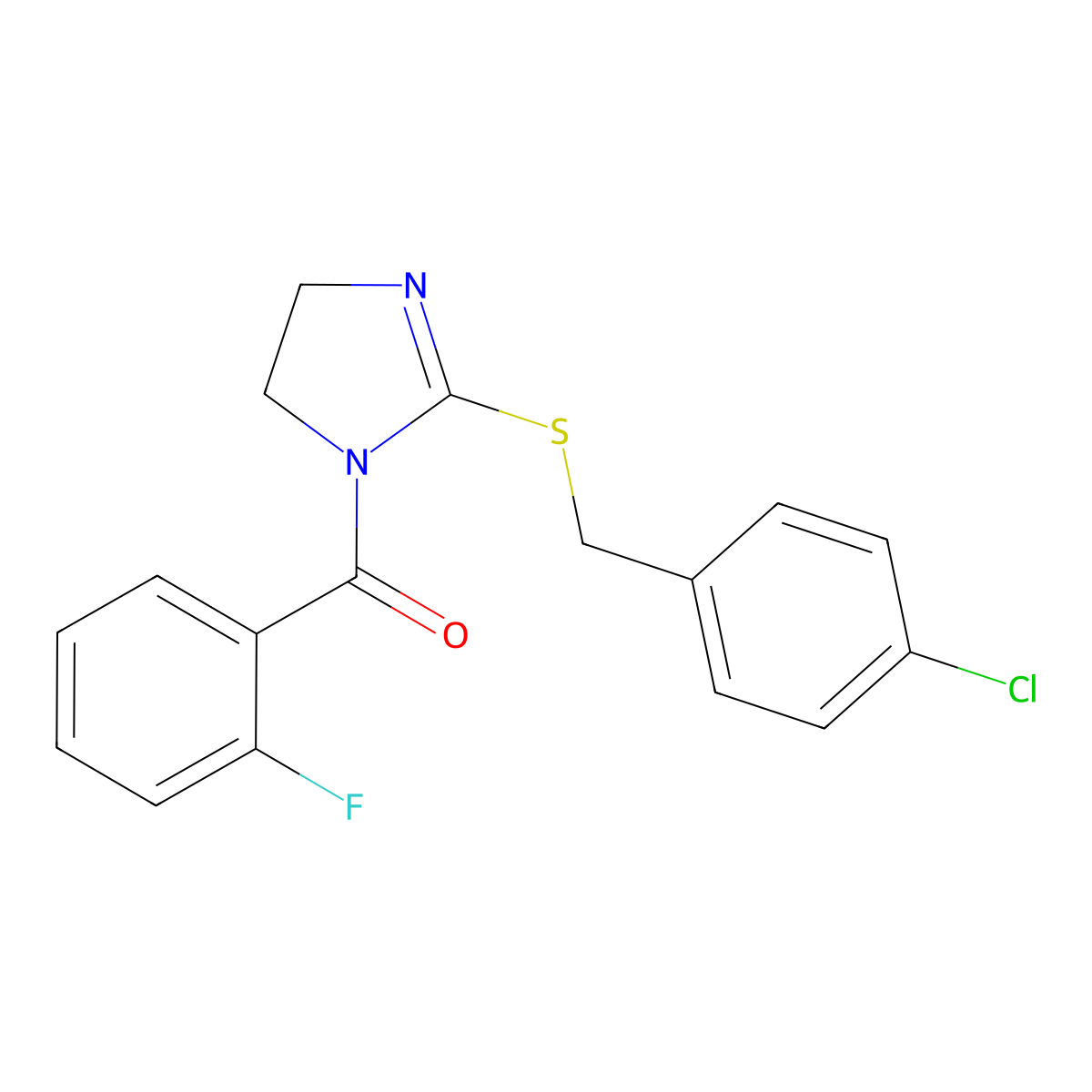 (2-((4-chlorobenzyl)thio)-4,5-dihydro-1H-imidazol-1-yl)(2-fluorophenyl)methanone molecular structure, CAS 851801-69-9