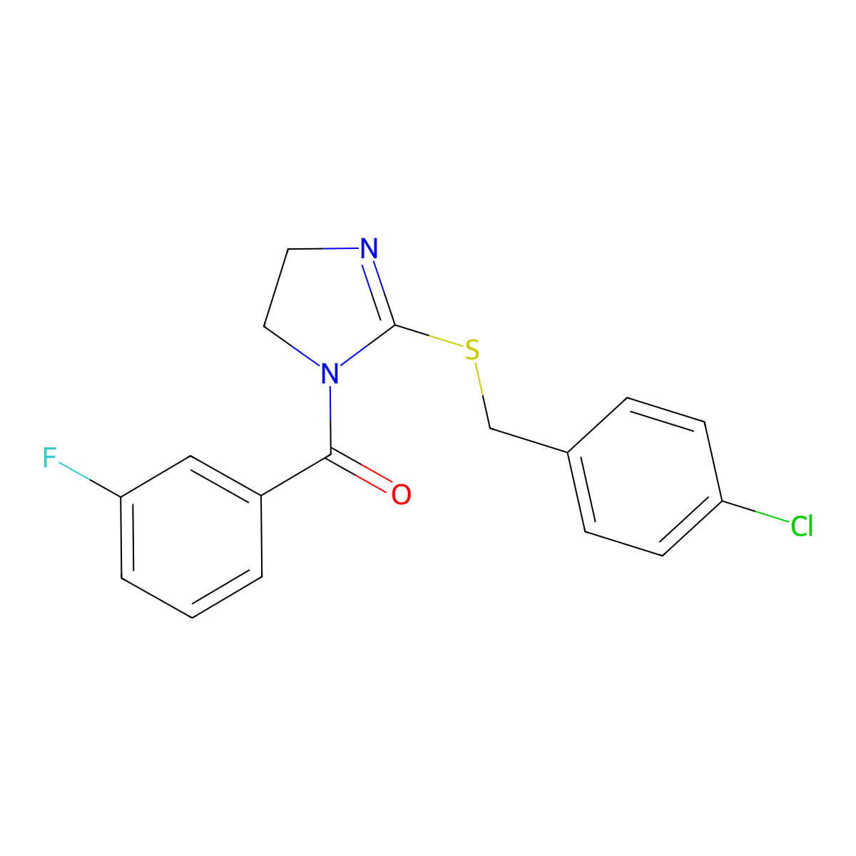 (2-((4-chlorobenzyl)thio)-4,5-dihydro-1H-imidazol-1-yl)(3-fluorophenyl)methanone molecular structure, CAS 851801-70-2