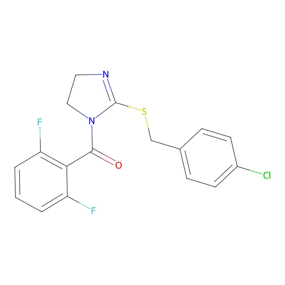 (2-((4-chlorobenzyl)thio)-4,5-dihydro-1H-imidazol-1-yl)(2,6-difluorophenyl)methanone molecular structure, CAS 851801-72-4