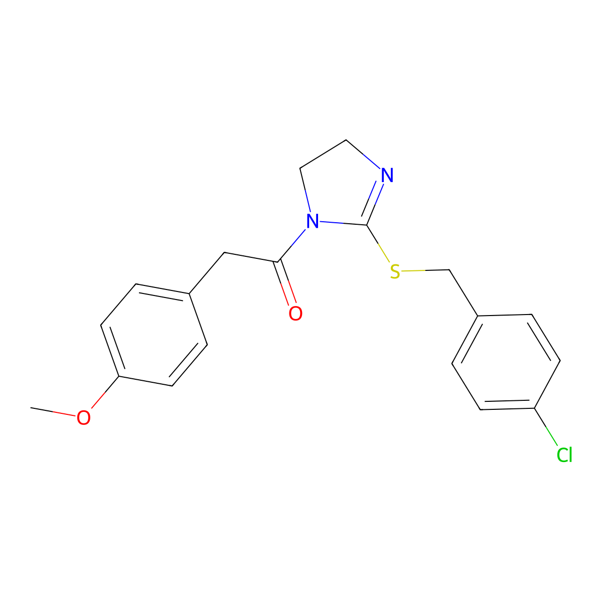 1-[2-[(4-Chlorophenyl)methylsulfanyl]-4,5-dihydroimidazol-1-yl]-2-(4-methoxyphenyl)ethanone molecular structure, CAS 851801-79-1