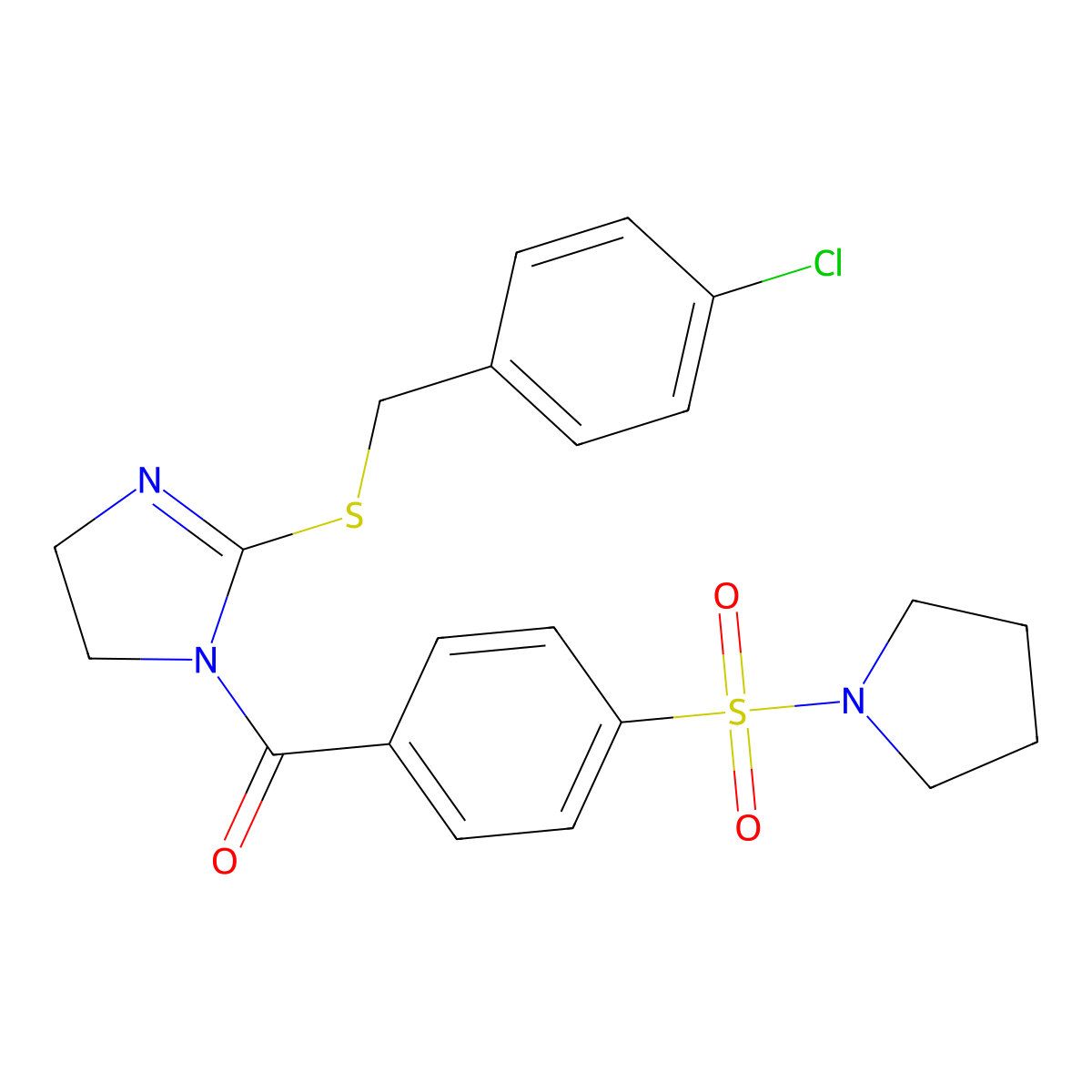 (2-((4-chlorobenzyl)thio)-4,5-dihydro-1H-imidazol-1-yl)(4-(pyrrolidin-1-ylsulfonyl)phenyl)methanone molecular structure, CAS 851801-93-9