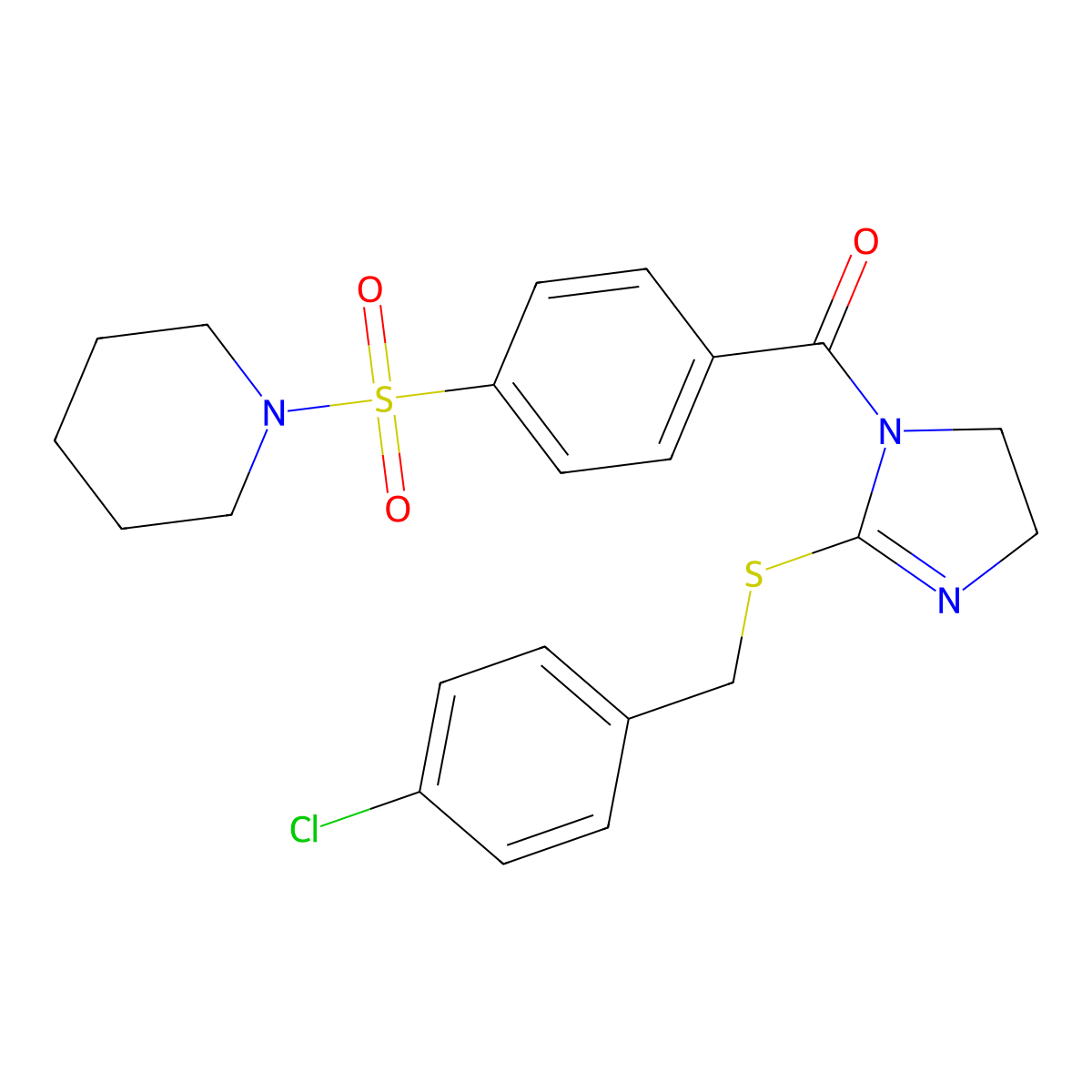 (2-((4-chlorobenzyl)thio)-4,5-dihydro-1H-imidazol-1-yl)(4-(piperidin-1-ylsulfonyl)phenyl)methanone molecular structure, CAS 851801-95-1