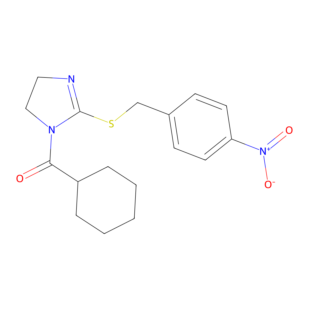 cyclohexyl(2-((4-nitrobenzyl)thio)-4,5-dihydro-1H-imidazol-1-yl)methanone molecular structure, CAS 851802-09-0