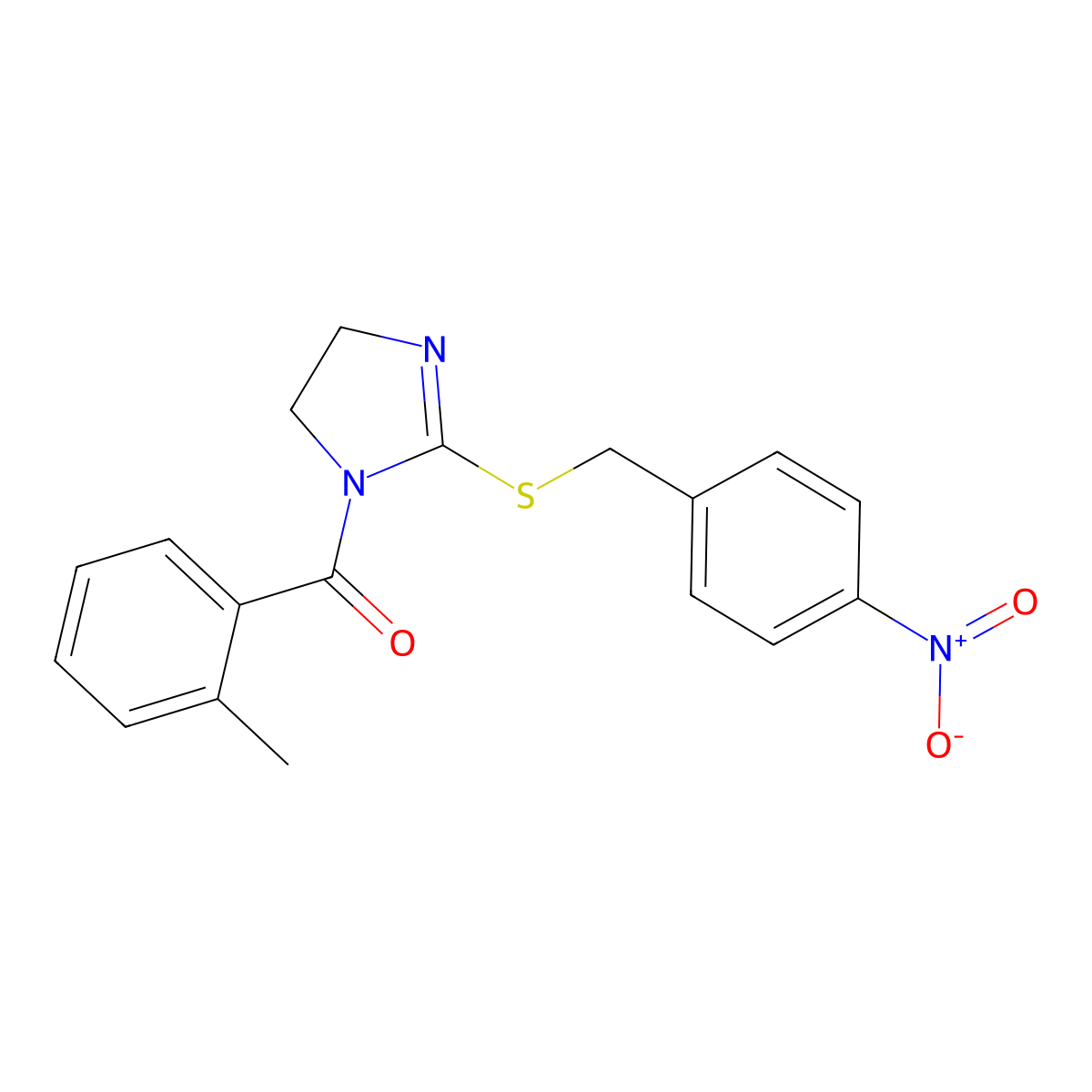(2-((4-nitrobenzyl)thio)-4,5-dihydro-1H-imidazol-1-yl)(o-tolyl)methanone molecular structure, CAS 851802-12-5