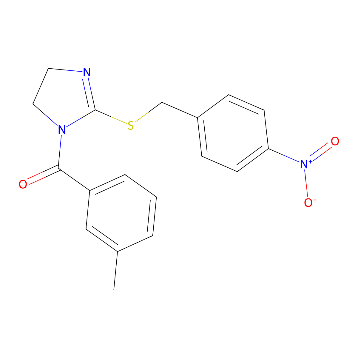 (2-((4-nitrobenzyl)thio)-4,5-dihydro-1H-imidazol-1-yl)(m-tolyl)methanone molecular structure, CAS 851802-13-6