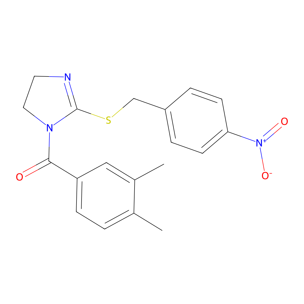(3,4-Dimethylphenyl)-[2-[(4-nitrophenyl)methylsulfanyl]-4,5-dihydroimidazol-1-yl]methanone molecular structure, CAS 851802-16-9