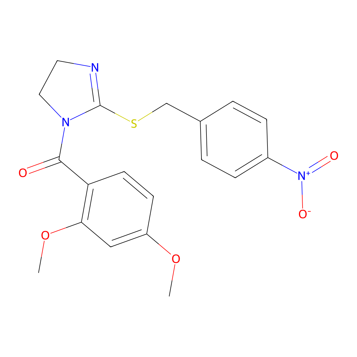 (2,4-dimethoxyphenyl)(2-((4-nitrobenzyl)thio)-4,5-dihydro-1H-imidazol-1-yl)methanone molecular structure, CAS 851802-23-8