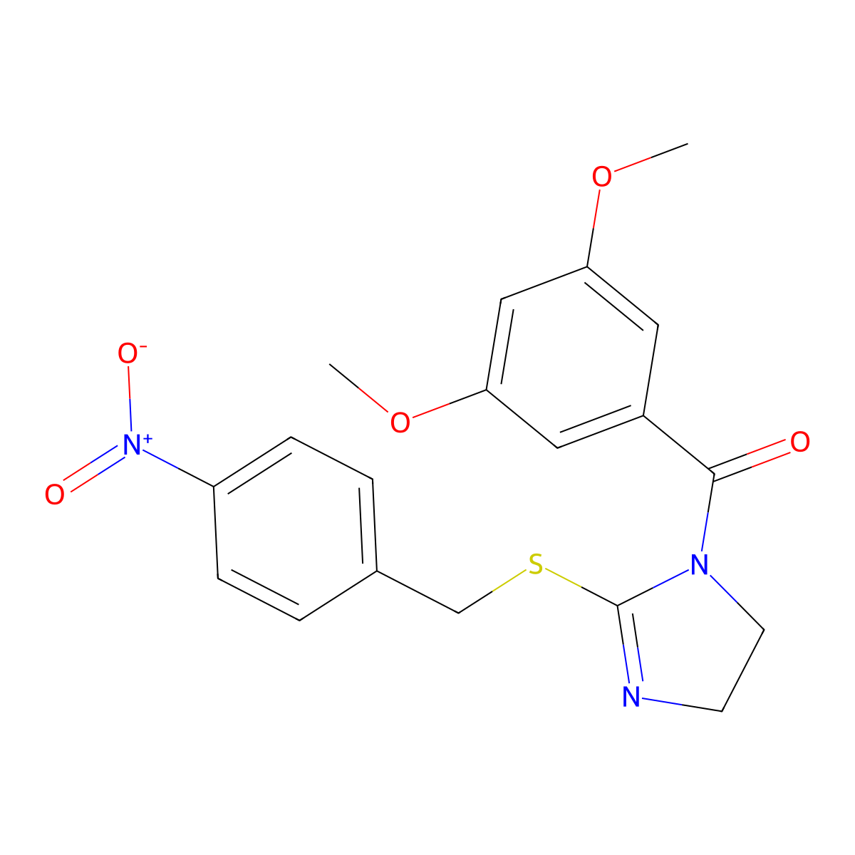 (3,5-dimethoxyphenyl)(2-((4-nitrobenzyl)thio)-4,5-dihydro-1H-imidazol-1-yl)methanone molecular structure, CAS 851802-26-1