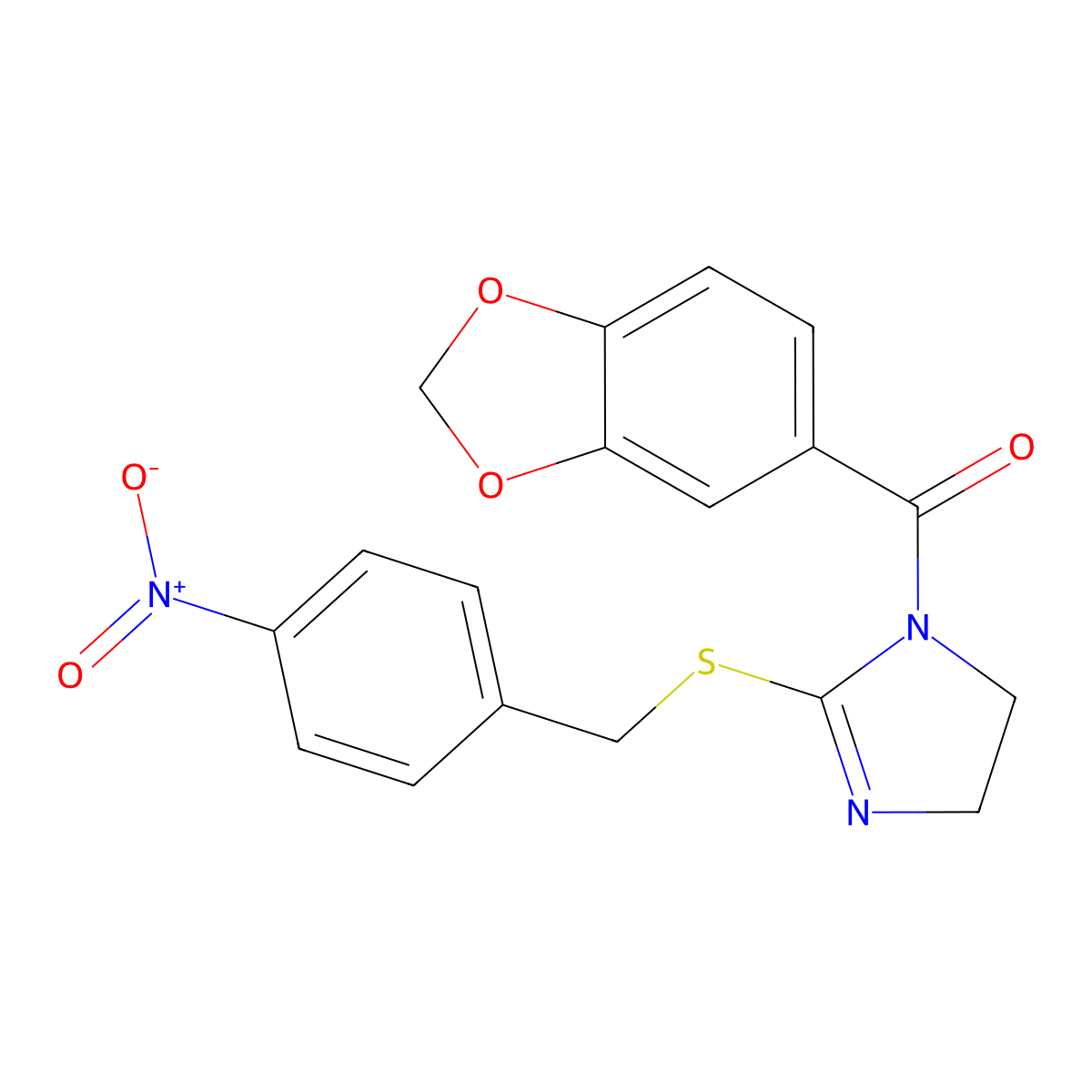 benzo[d][1,3]dioxol-5-yl(2-((4-nitrobenzyl)thio)-4,5-dihydro-1H-imidazol-1-yl)methanone molecular structure, CAS 851802-27-2