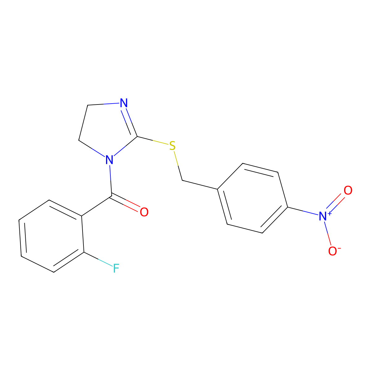 (2-Fluorophenyl)-[2-[(4-nitrophenyl)methylsulfanyl]-4,5-dihydroimidazol-1-yl]methanone molecular structure, CAS 851802-31-8