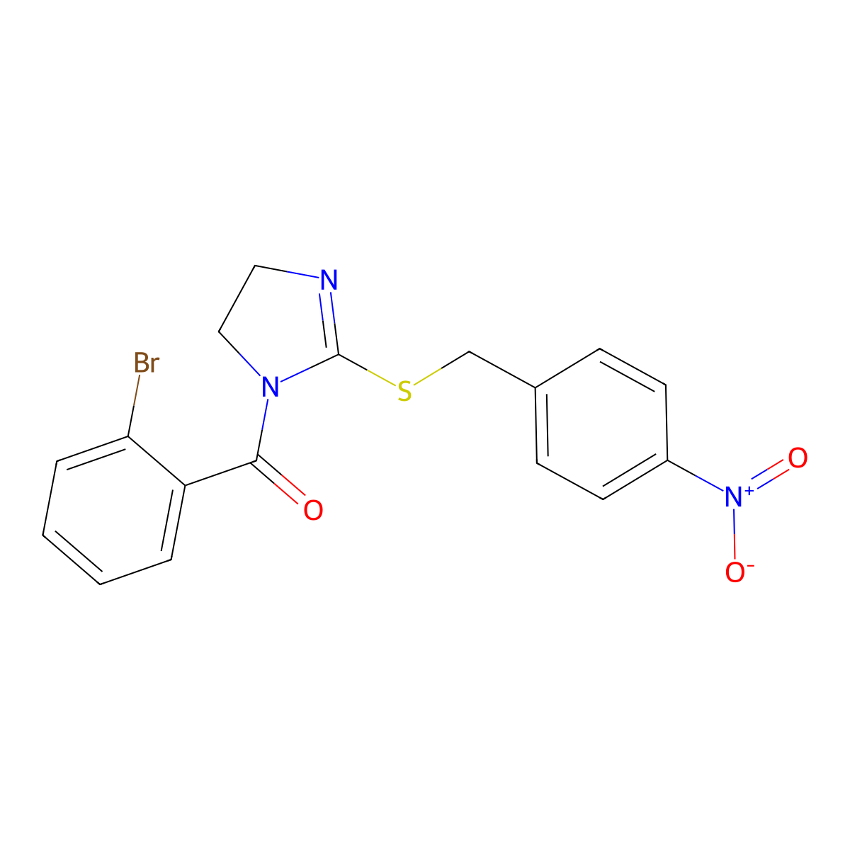 (2-Bromophenyl)-[2-[(4-nitrophenyl)methylsulfanyl]-4,5-dihydroimidazol-1-yl]methanone molecular structure, CAS 851802-34-1
