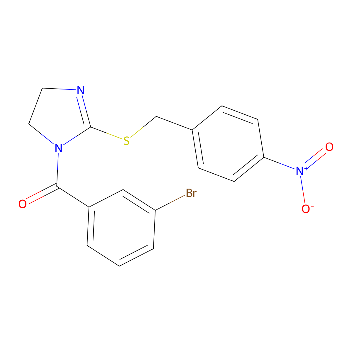 (3-Bromophenyl)-[2-[(4-nitrophenyl)methylsulfanyl]-4,5-dihydroimidazol-1-yl]methanone molecular structure, CAS 851802-35-2