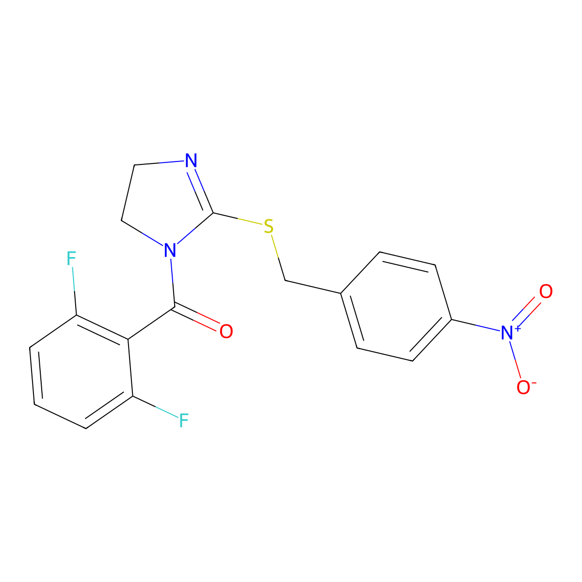 (2,6-Difluorophenyl)-[2-[(4-nitrophenyl)methylsulfanyl]-4,5-dihydroimidazol-1-yl]methanone molecular structure, CAS 851802-37-4