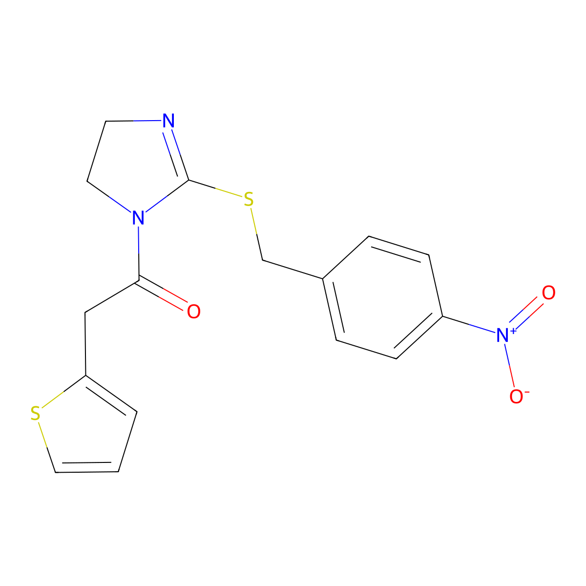 1-[2-[(4-Nitrophenyl)methylsulfanyl]-4,5-dihydroimidazol-1-yl]-2-thiophen-2-ylethanone molecular structure, CAS 851802-53-4