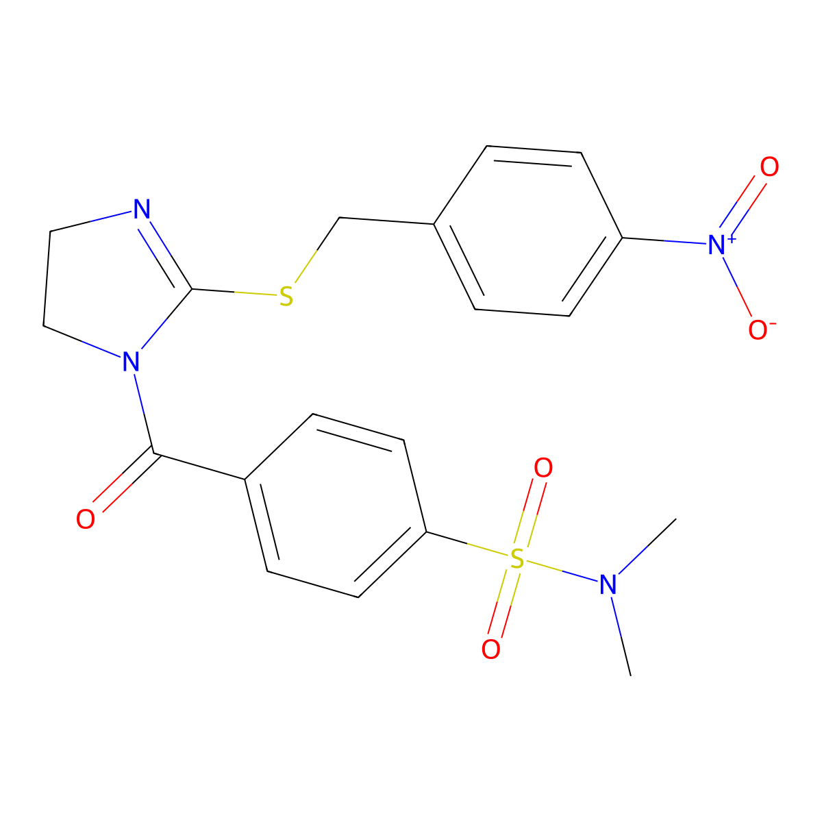 N,N-dimethyl-4-(2-((4-nitrobenzyl)thio)-4,5-dihydro-1H-imidazole-1-carbonyl)benzenesulfonamide molecular structure, CAS 851802-54-5