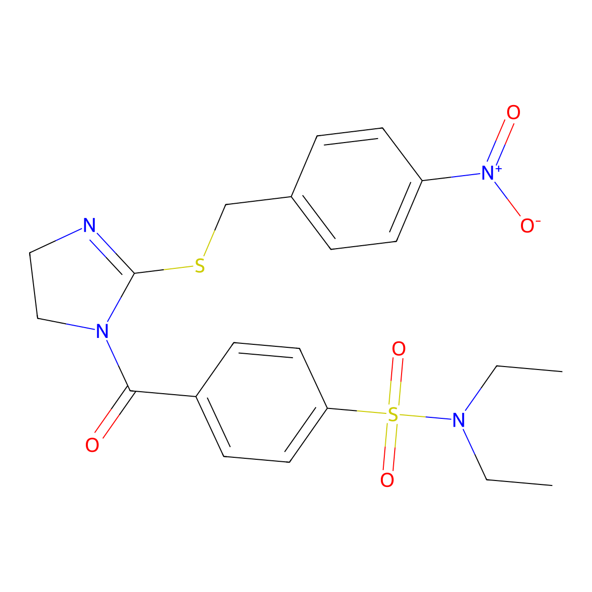 N,N-diethyl-4-(2-((4-nitrobenzyl)thio)-4,5-dihydro-1H-imidazole-1-carbonyl)benzenesulfonamide molecular structure, CAS 851802-55-6