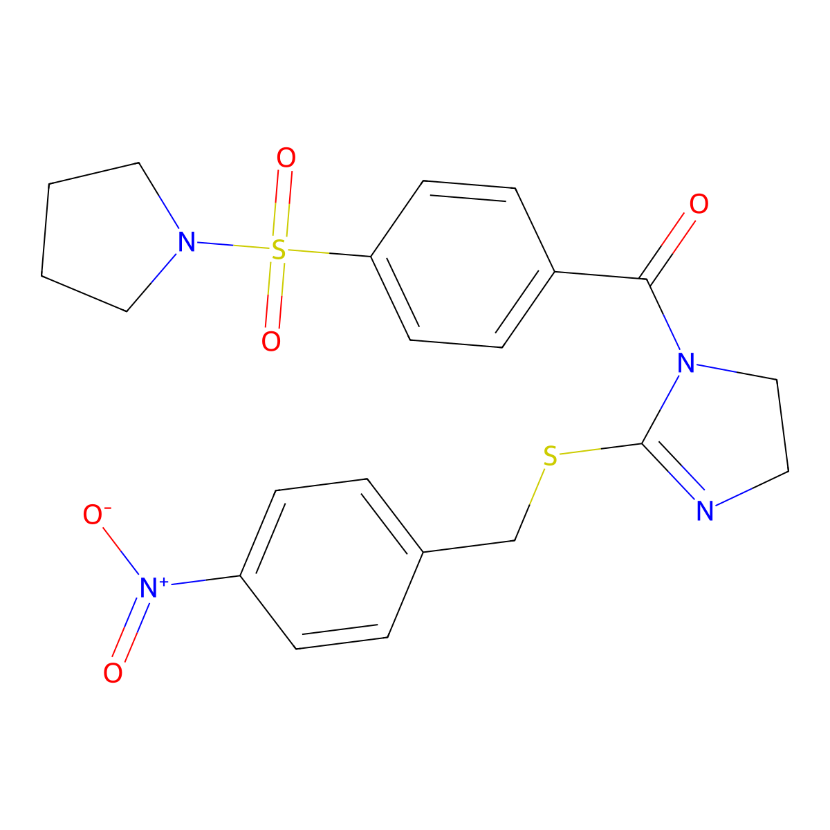 (2-((4-nitrobenzyl)thio)-4,5-dihydro-1H-imidazol-1-yl)(4-(pyrrolidin-1-ylsulfonyl)phenyl)methanone molecular structure, CAS 851802-56-7