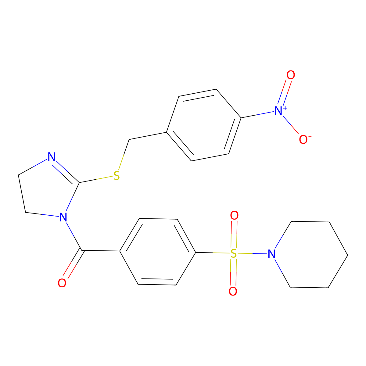 (2-((4-nitrobenzyl)thio)-4,5-dihydro-1H-imidazol-1-yl)(4-(piperidin-1-ylsulfonyl)phenyl)methanone molecular structure, CAS 851802-57-8