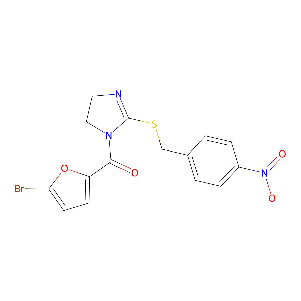 (5-bromofuran-2-yl)(2-((4-nitrobenzyl)thio)-4,5-dihydro-1H-imidazol-1-yl)methanone molecular structure, CAS 851802-60-3