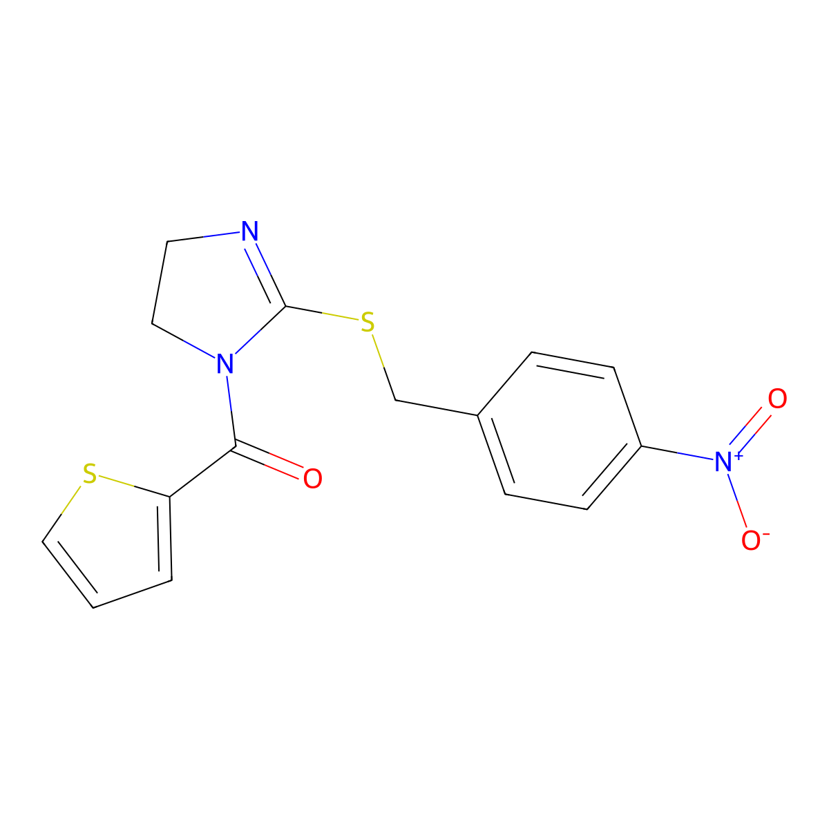 (2-((4-nitrobenzyl)thio)-4,5-dihydro-1H-imidazol-1-yl)(thiophen-2-yl)methanone molecular structure, CAS 851802-61-4