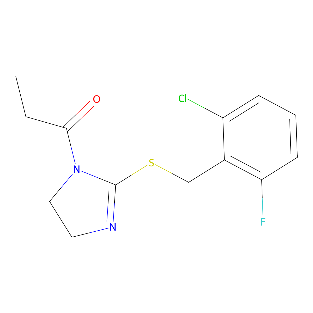1-[2-[(2-Chloro-6-fluorophenyl)methylsulfanyl]-4,5-dihydroimidazol-1-yl]propan-1-one molecular structure, CAS 851802-65-8