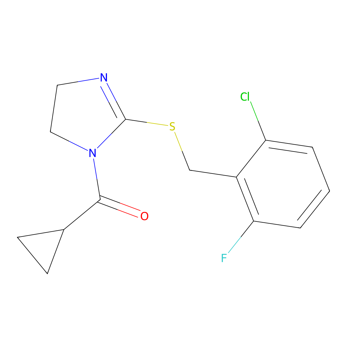 (2-((2-chloro-6-fluorobenzyl)thio)-4,5-dihydro-1H-imidazol-1-yl)(cyclopropyl)methanone molecular structure, CAS 851802-66-9