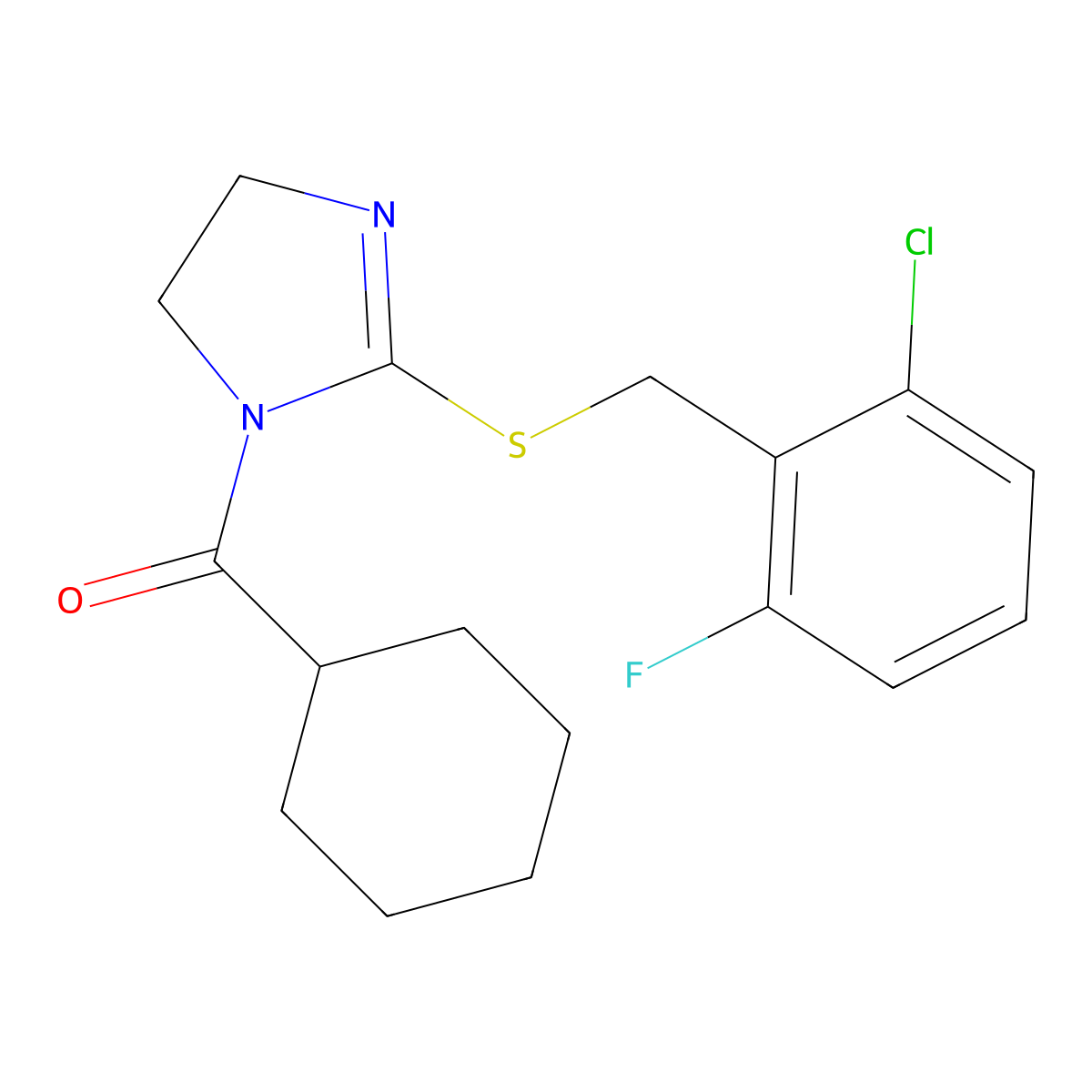 [2-[(2-Chloro-6-fluorophenyl)methylsulfanyl]-4,5-dihydroimidazol-1-yl]-cyclohexylmethanone molecular structure, CAS 851802-68-1