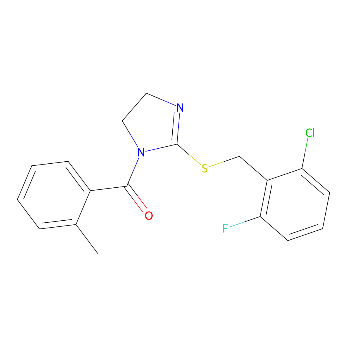 (2-((2-chloro-6-fluorobenzyl)thio)-4,5-dihydro-1H-imidazol-1-yl)(o-tolyl)methanone molecular structure, CAS 851802-71-6