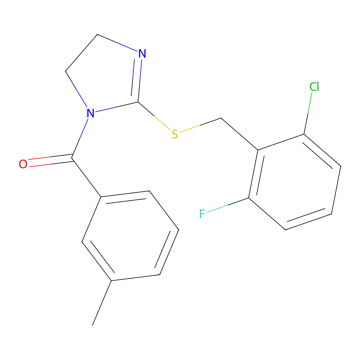 (2-((2-chloro-6-fluorobenzyl)thio)-4,5-dihydro-1H-imidazol-1-yl)(m-tolyl)methanone molecular structure, CAS 851802-72-7