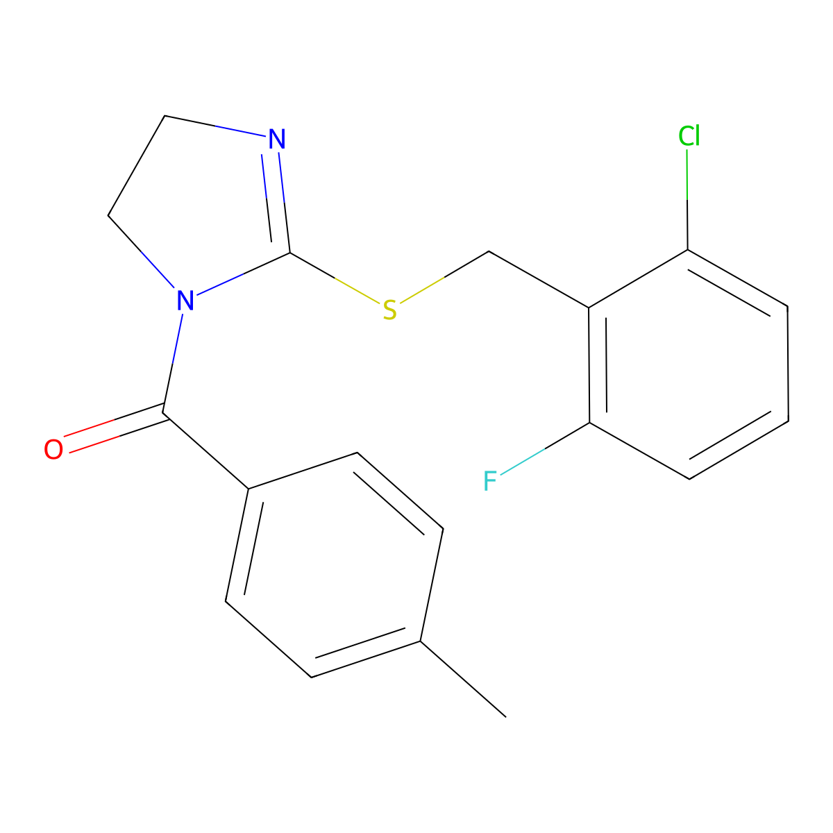 (2-((2-chloro-6-fluorobenzyl)thio)-4,5-dihydro-1H-imidazol-1-yl)(p-tolyl)methanone molecular structure, CAS 851802-73-8