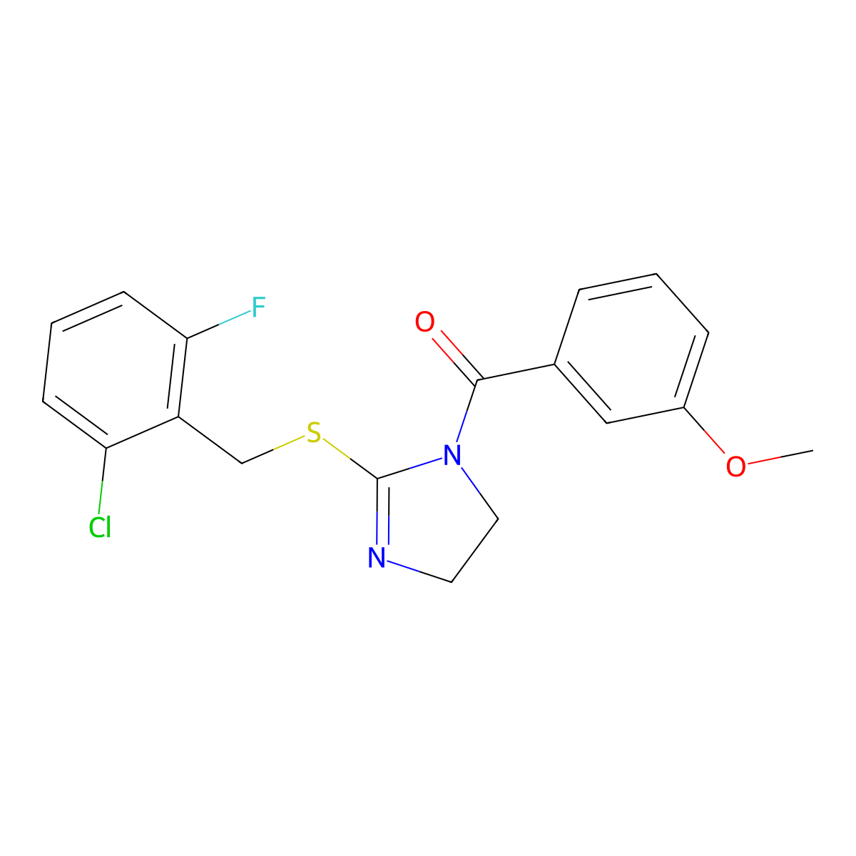 (2-((2-chloro-6-fluorobenzyl)thio)-4,5-dihydro-1H-imidazol-1-yl)(3-methoxyphenyl)methanone molecular structure, CAS 851802-75-0