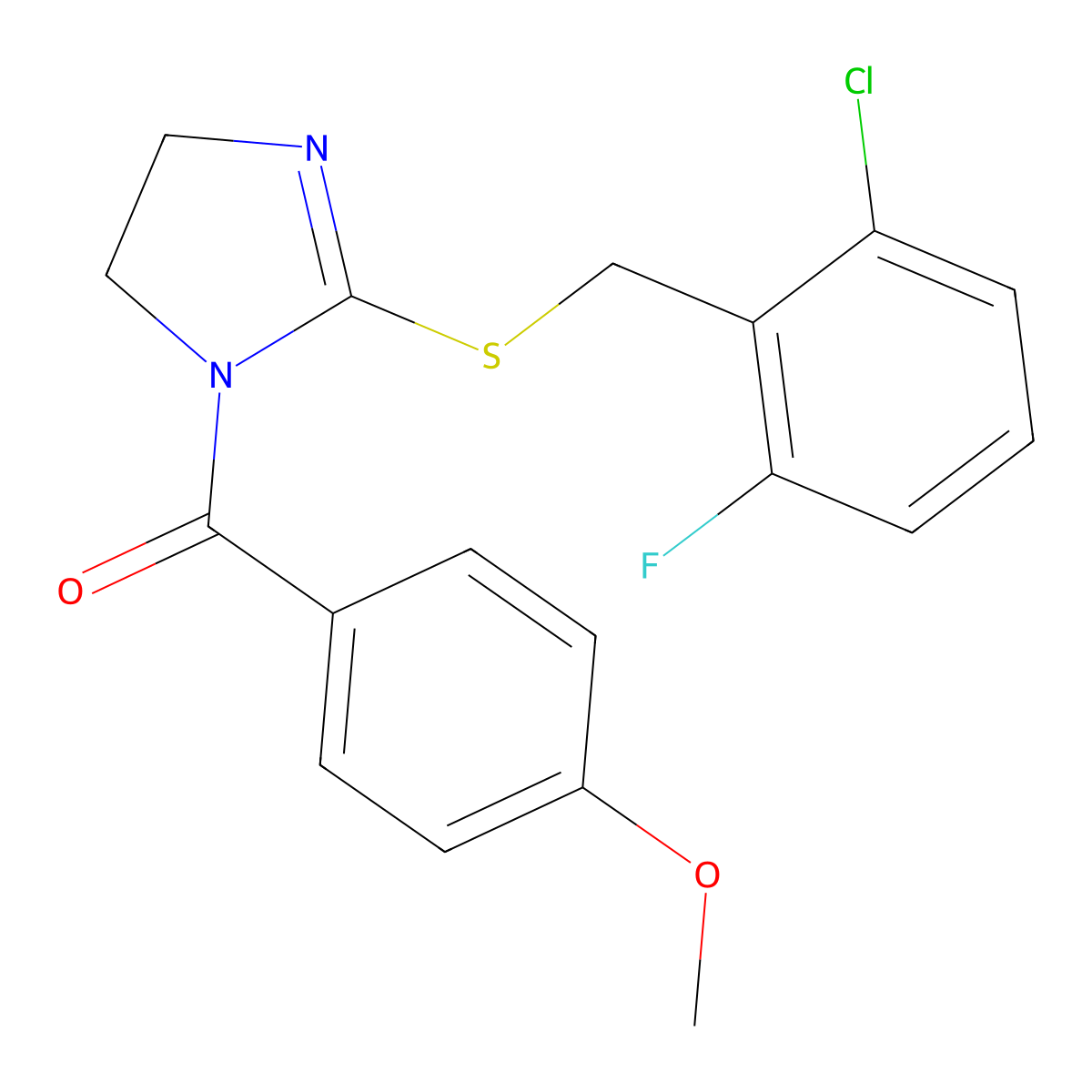 (2-((2-chloro-6-fluorobenzyl)thio)-4,5-dihydro-1H-imidazol-1-yl)(4-methoxyphenyl)methanone molecular structure, CAS 851802-76-1