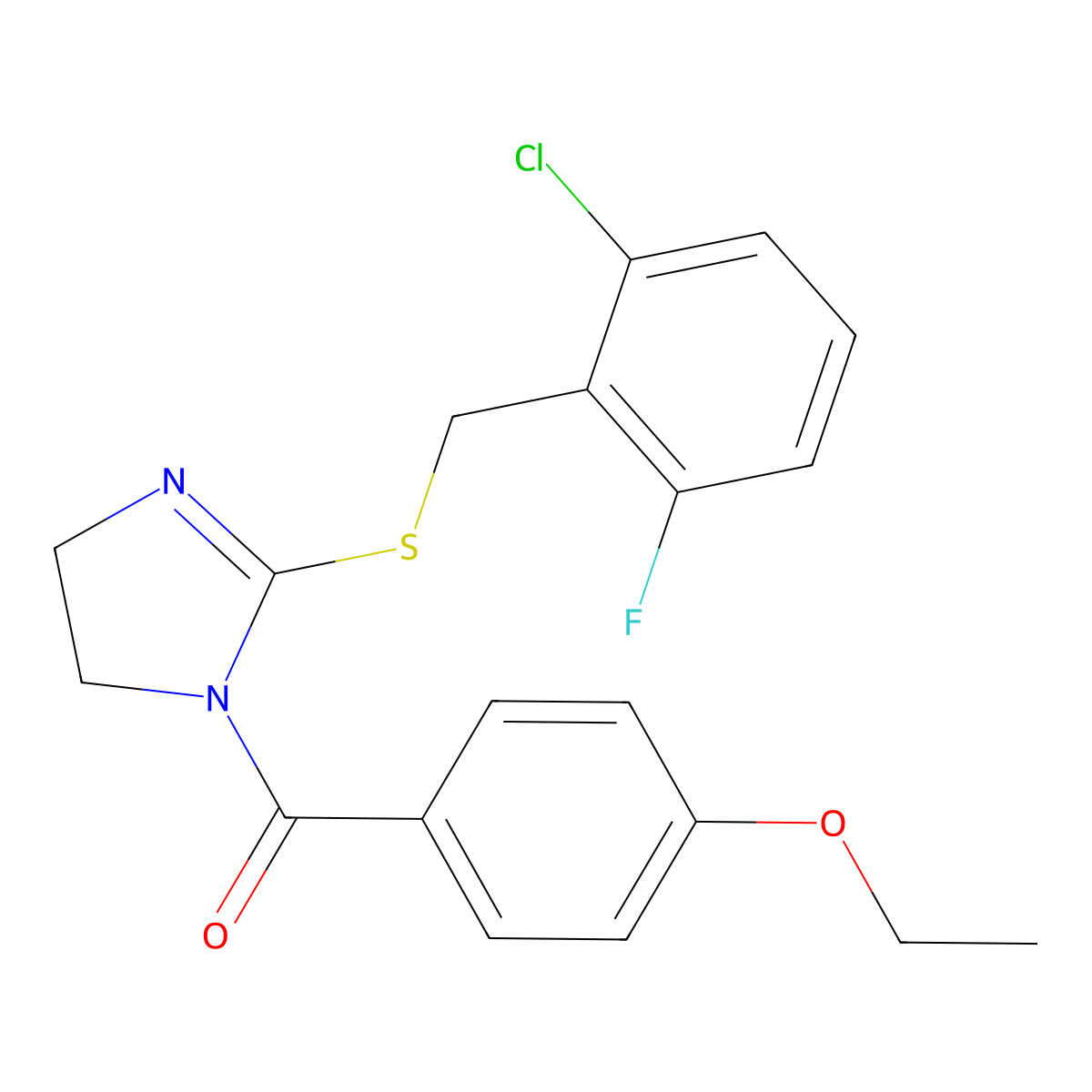 (2-((2-chloro-6-fluorobenzyl)thio)-4,5-dihydro-1H-imidazol-1-yl)(4-ethoxyphenyl)methanone molecular structure, CAS 851802-78-3