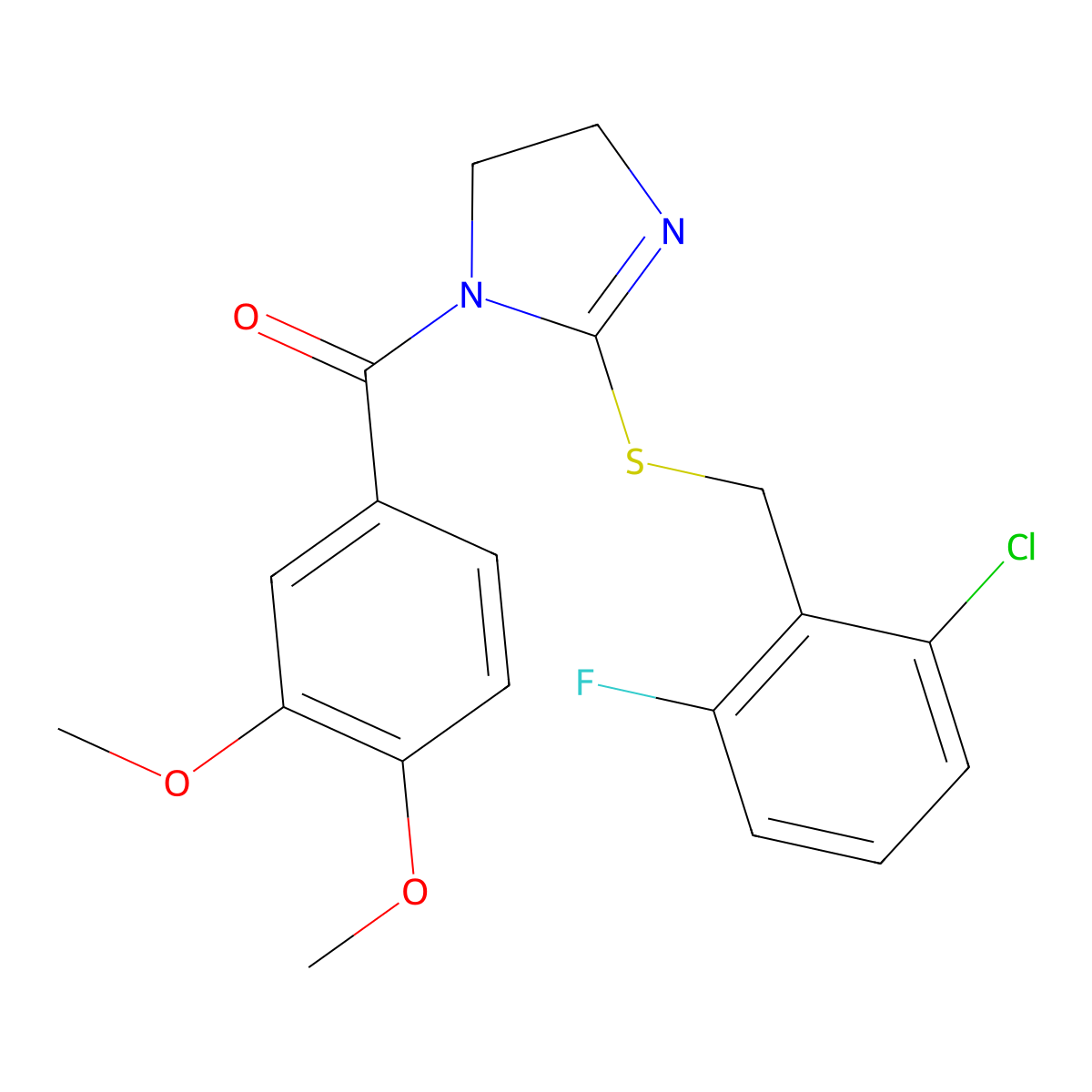 (2-((2-chloro-6-fluorobenzyl)thio)-4,5-dihydro-1H-imidazol-1-yl)(3,4-dimethoxyphenyl)methanone molecular structure, CAS 851802-80-7