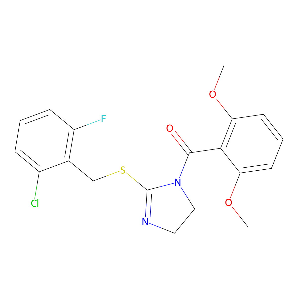 (2-((2-chloro-6-fluorobenzyl)thio)-4,5-dihydro-1H-imidazol-1-yl)(2,6-dimethoxyphenyl)methanone molecular structure, CAS 851802-82-9