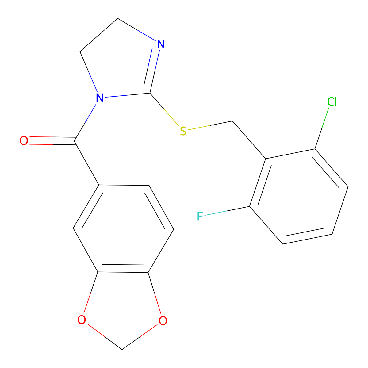 1,3-Benzodioxol-5-yl-[2-[(2-chloro-6-fluorophenyl)methylsulfanyl]-4,5-dihydroimidazol-1-yl]methanone molecular structure, CAS 851802-84-1