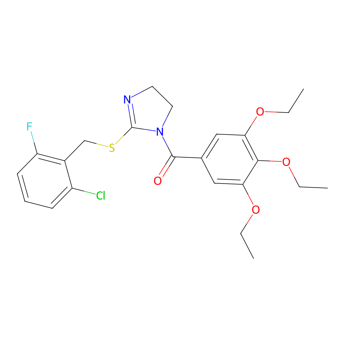 (2-((2-chloro-6-fluorobenzyl)thio)-4,5-dihydro-1H-imidazol-1-yl)(3,4,5-triethoxyphenyl)methanone molecular structure, CAS 851802-87-4