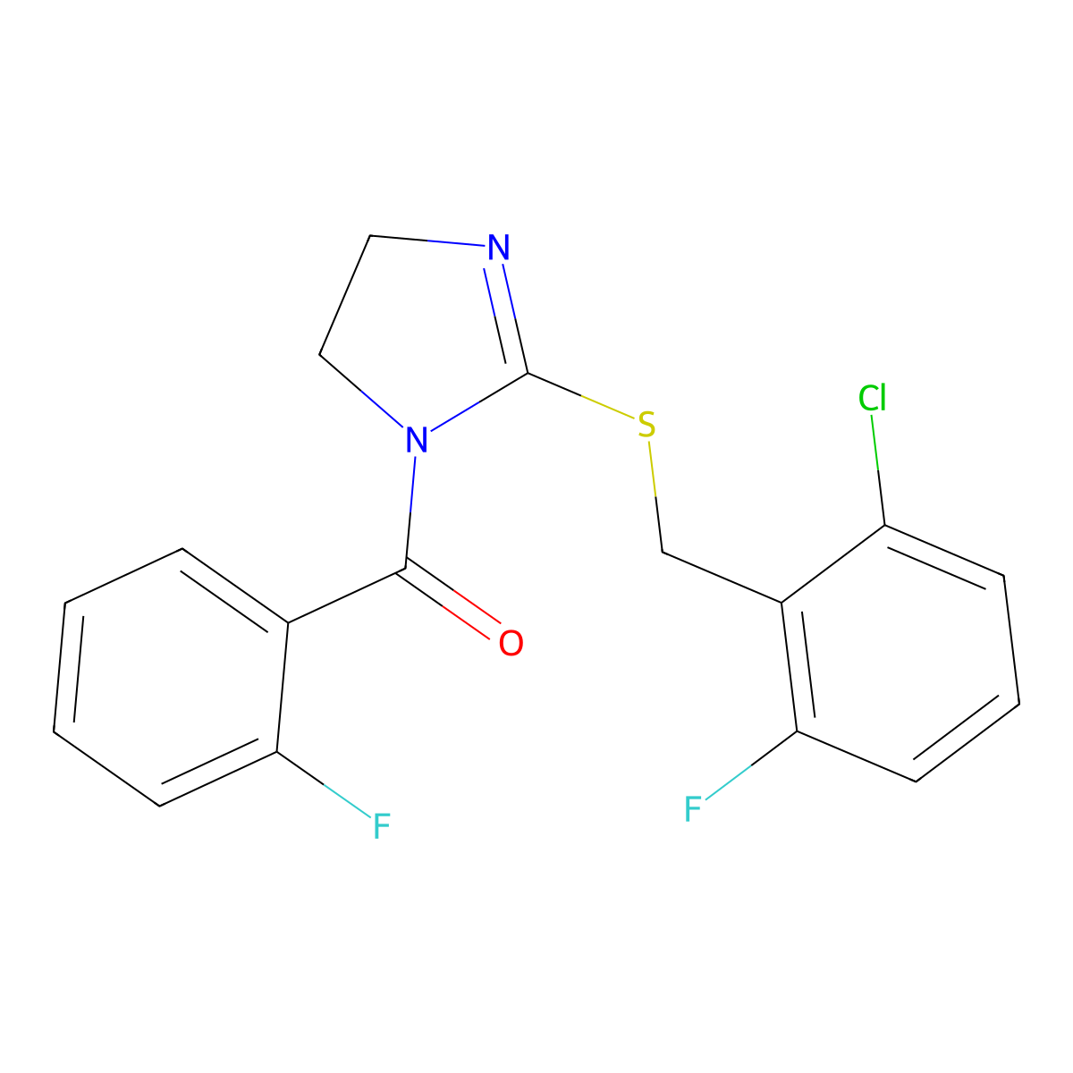 (2-((2-chloro-6-fluorobenzyl)thio)-4,5-dihydro-1H-imidazol-1-yl)(2-fluorophenyl)methanone molecular structure, CAS 851802-88-5