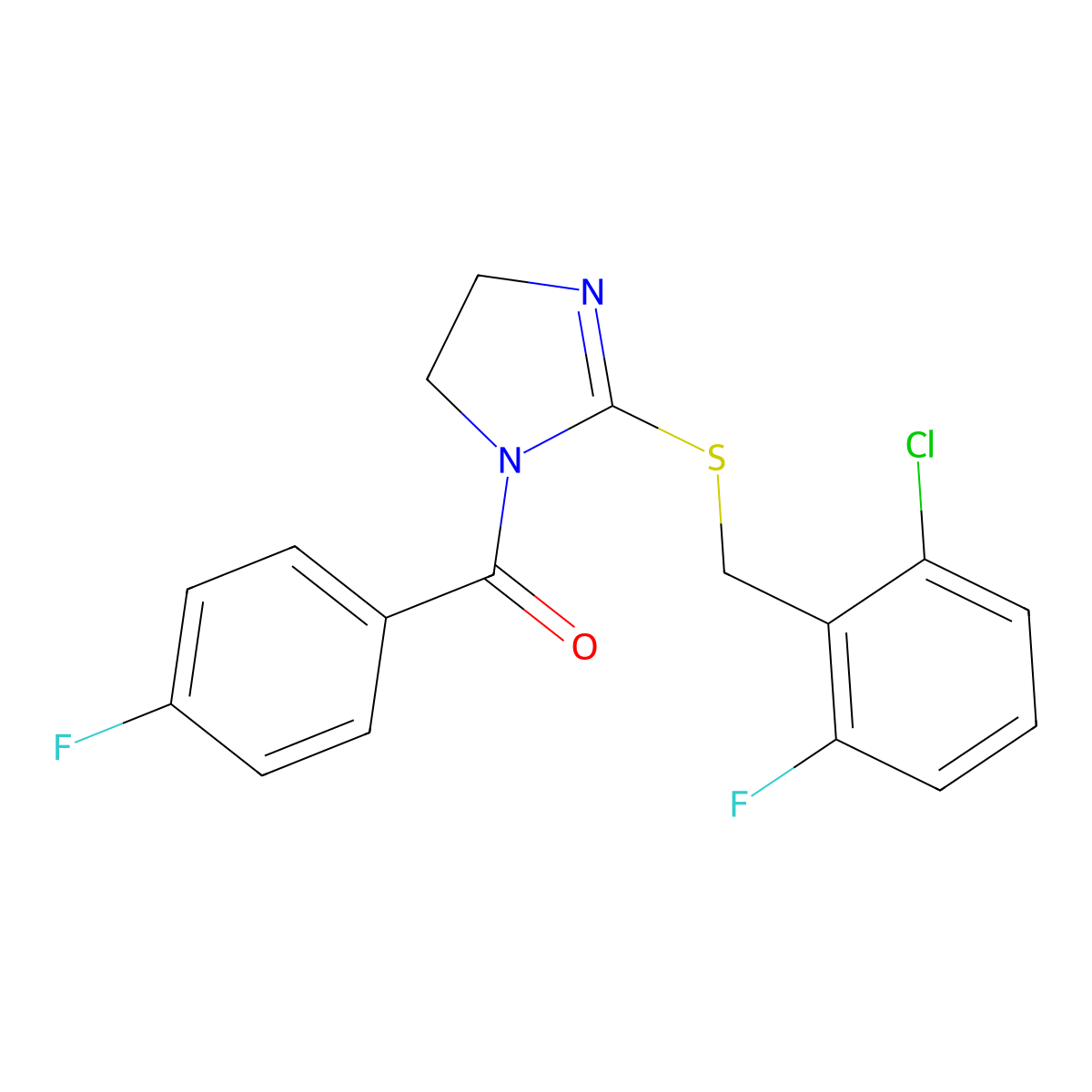 (2-((2-chloro-6-fluorobenzyl)thio)-4,5-dihydro-1H-imidazol-1-yl)(4-fluorophenyl)methanone molecular structure, CAS 851802-90-9