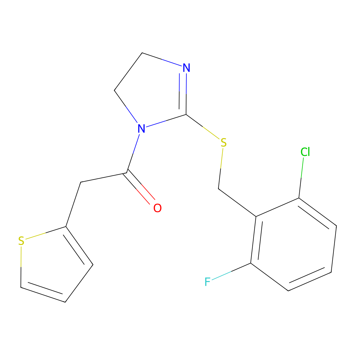 1-[2-[(2-Chloro-6-fluorophenyl)methylsulfanyl]-4,5-dihydroimidazol-1-yl]-2-thiophen-2-ylethanone molecular structure, CAS 851803-00-4