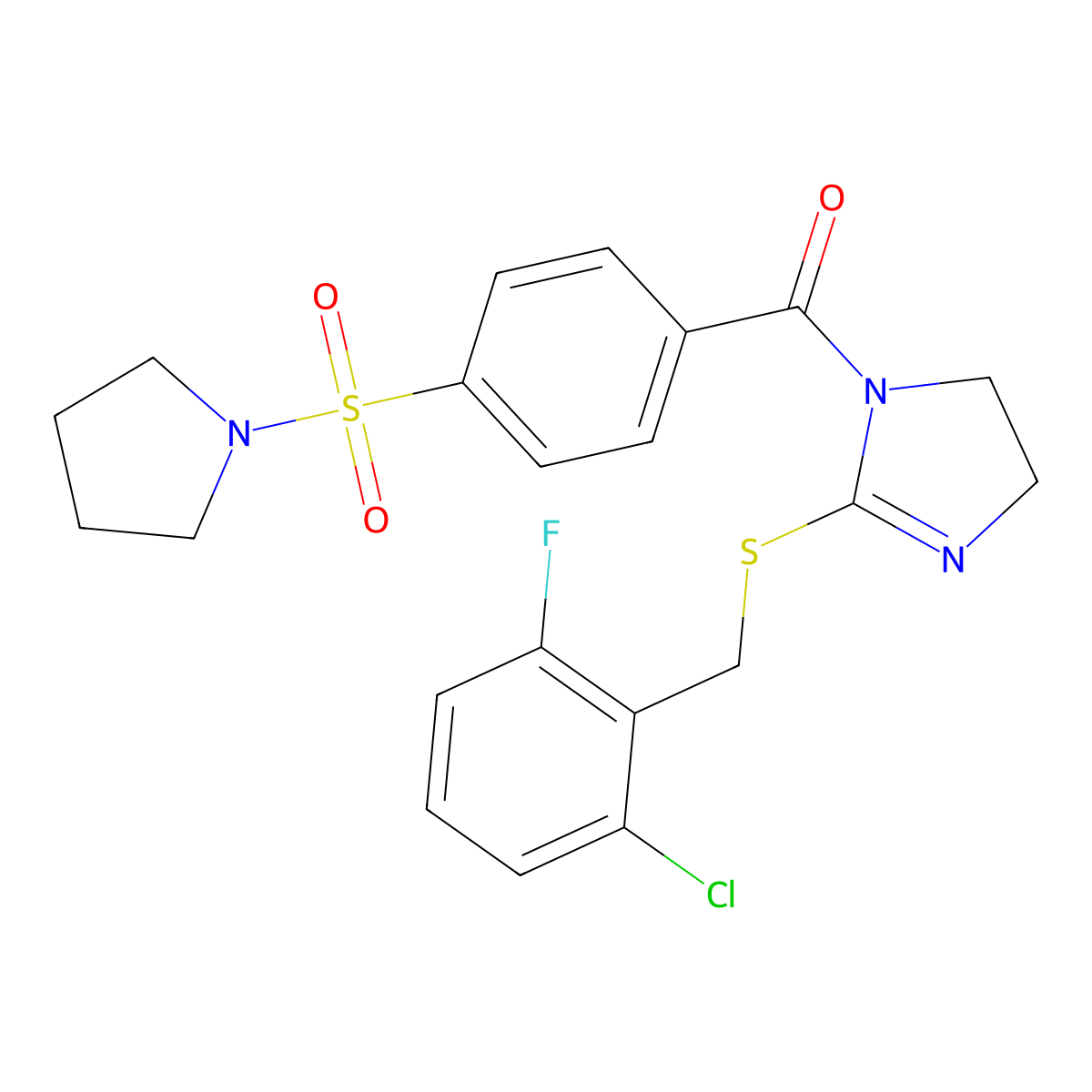 (2-((2-chloro-6-fluorobenzyl)thio)-4,5-dihydro-1H-imidazol-1-yl)(4-(pyrrolidin-1-ylsulfonyl)phenyl)methanone molecular structure, CAS 851803-03-7