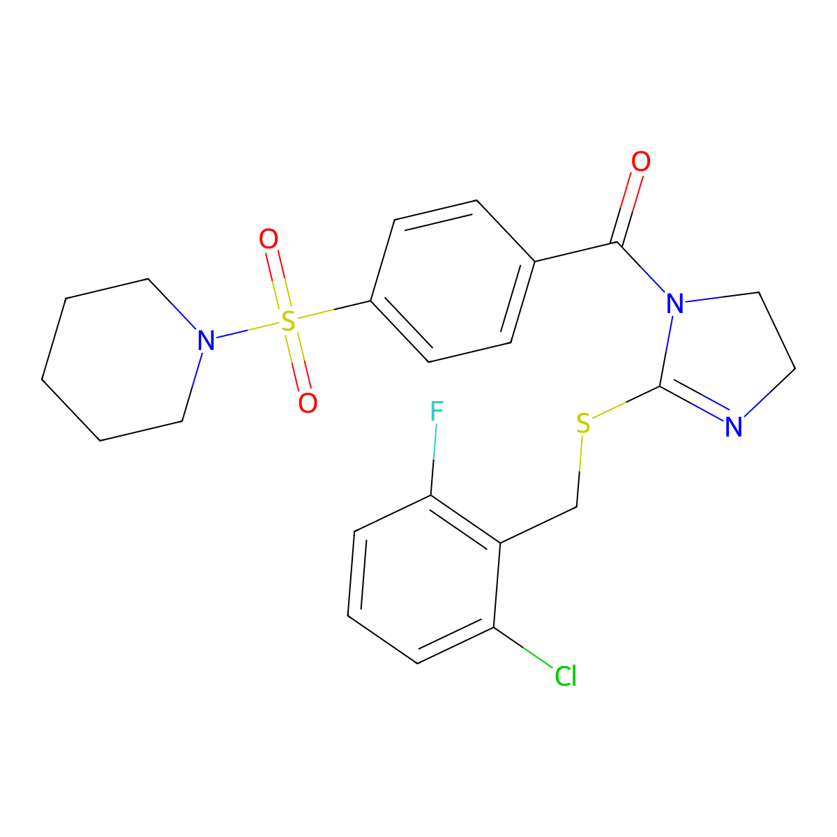 (2-((2-chloro-6-fluorobenzyl)thio)-4,5-dihydro-1H-imidazol-1-yl)(4-(piperidin-1-ylsulfonyl)phenyl)methanone molecular structure, CAS 851803-04-8