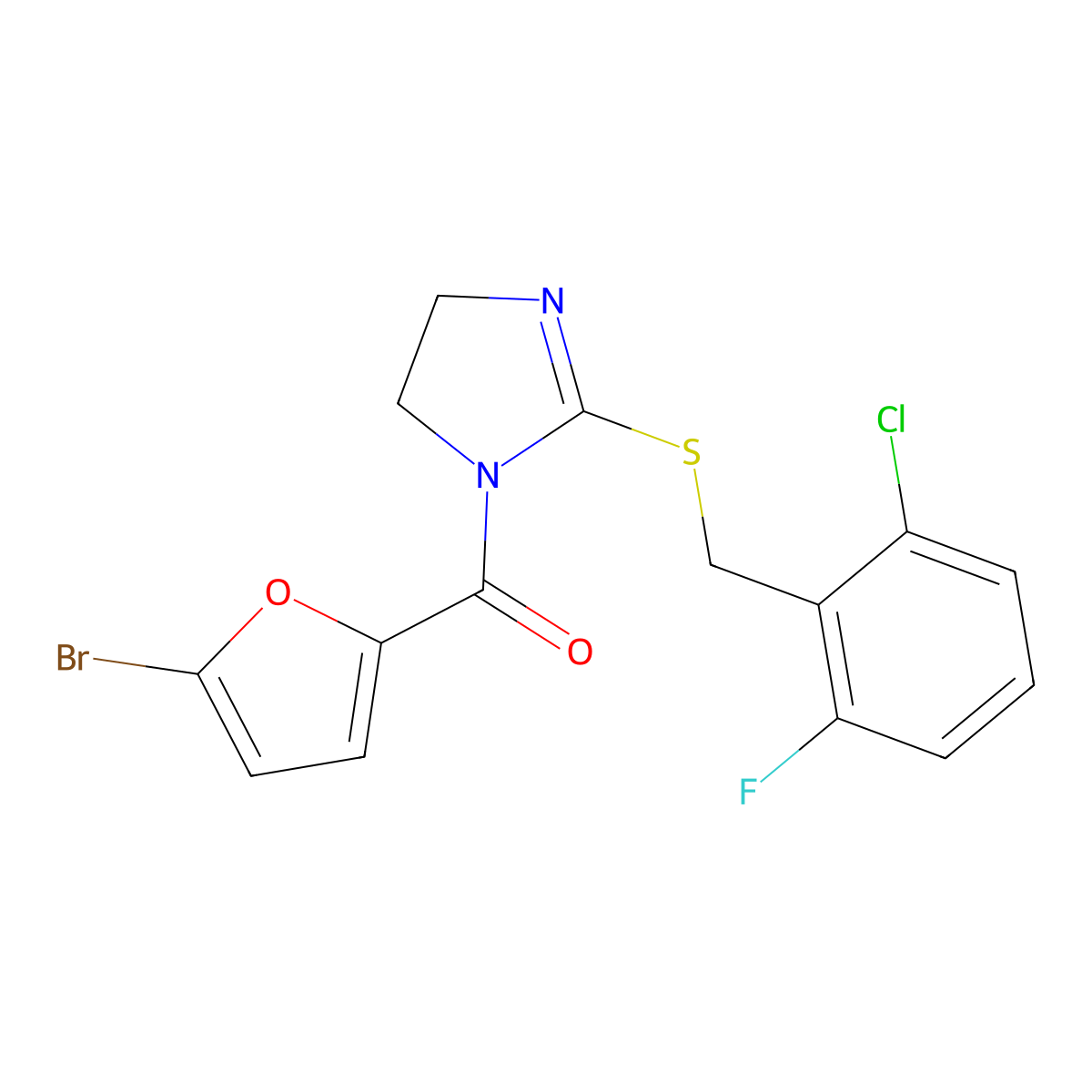 (5-bromofuran-2-yl)(2-((2-chloro-6-fluorobenzyl)thio)-4,5-dihydro-1H-imidazol-1-yl)methanone molecular structure, CAS 851803-07-1