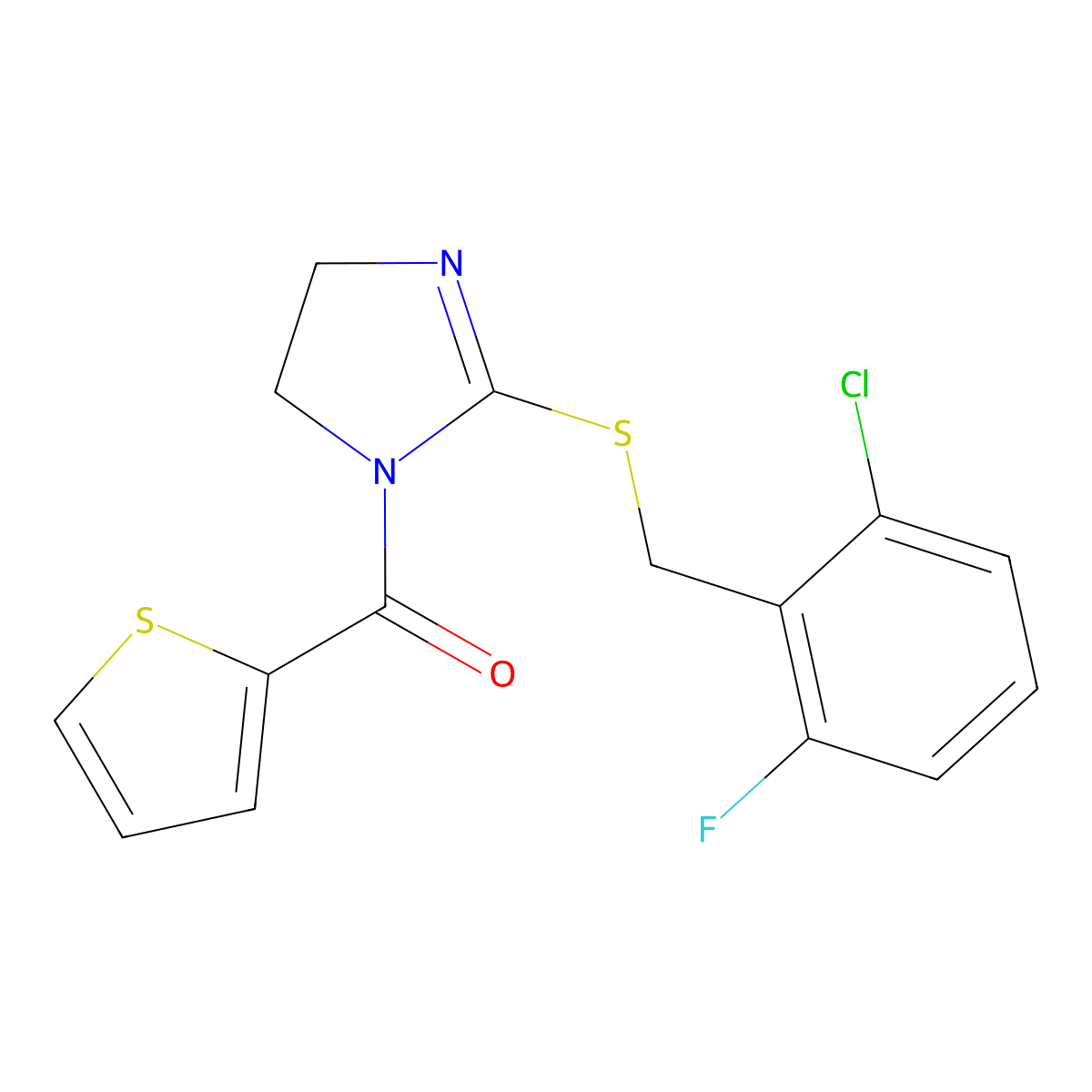 [2-[(2-Chloro-6-fluorophenyl)methylsulfanyl]-4,5-dihydroimidazol-1-yl]-thiophen-2-ylmethanone molecular structure, CAS 851803-08-2