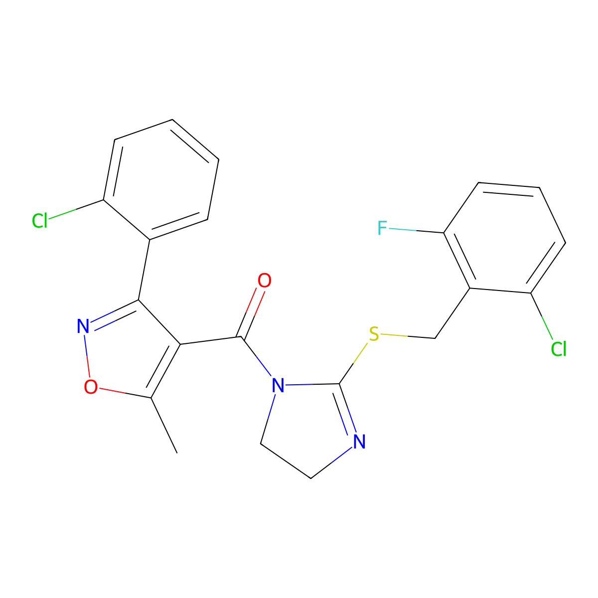 (2-((2-chloro-6-fluorobenzyl)thio)-4,5-dihydro-1H-imidazol-1-yl)(3-(2-chlorophenyl)-5-methylisoxazol-4-yl)methanone molecular structure, CAS 851803-09-3