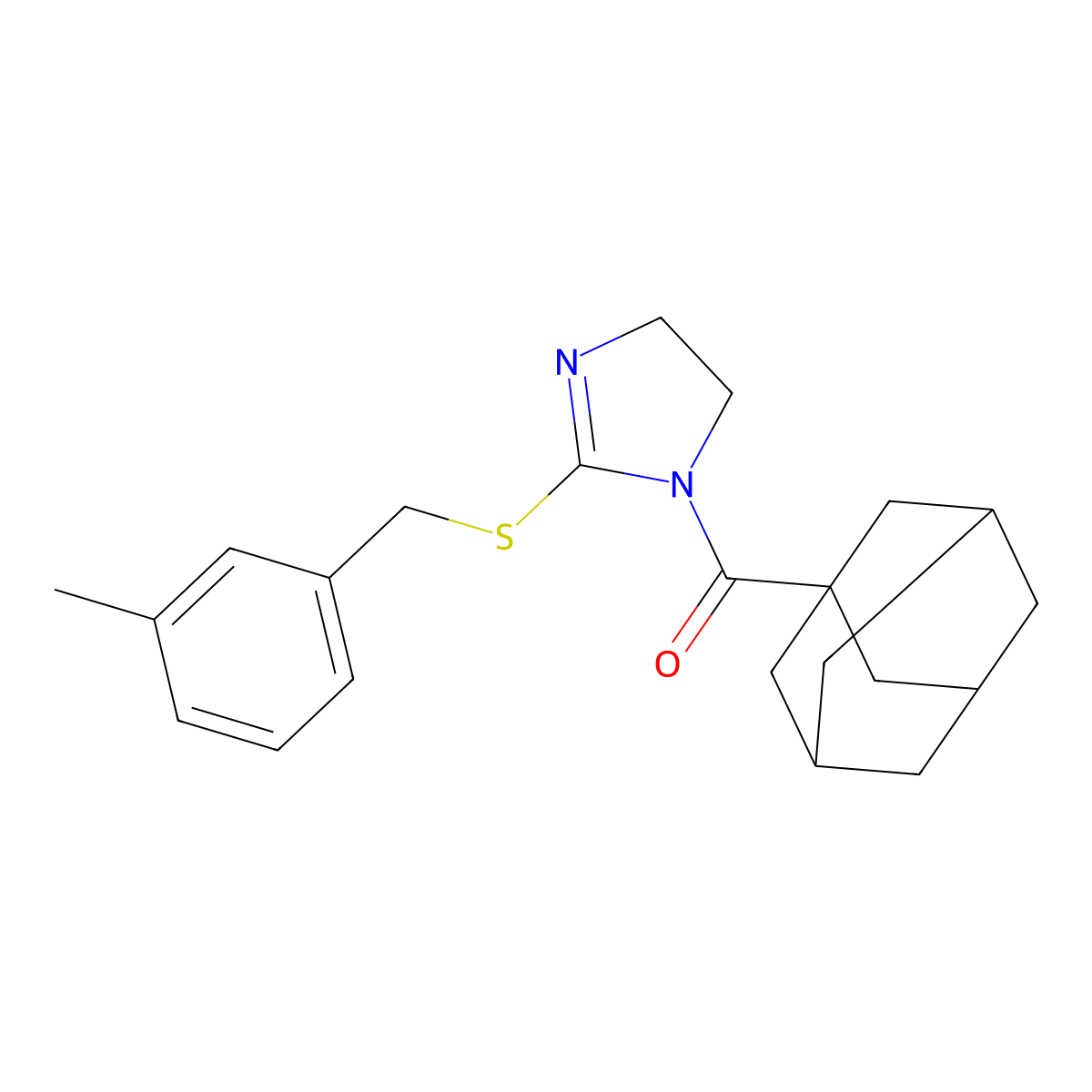 1-Adamantyl-[2-[(3-methylphenyl)methylsulfanyl]-4,5-dihydroimidazol-1-yl]methanone molecular structure, CAS 851803-16-2