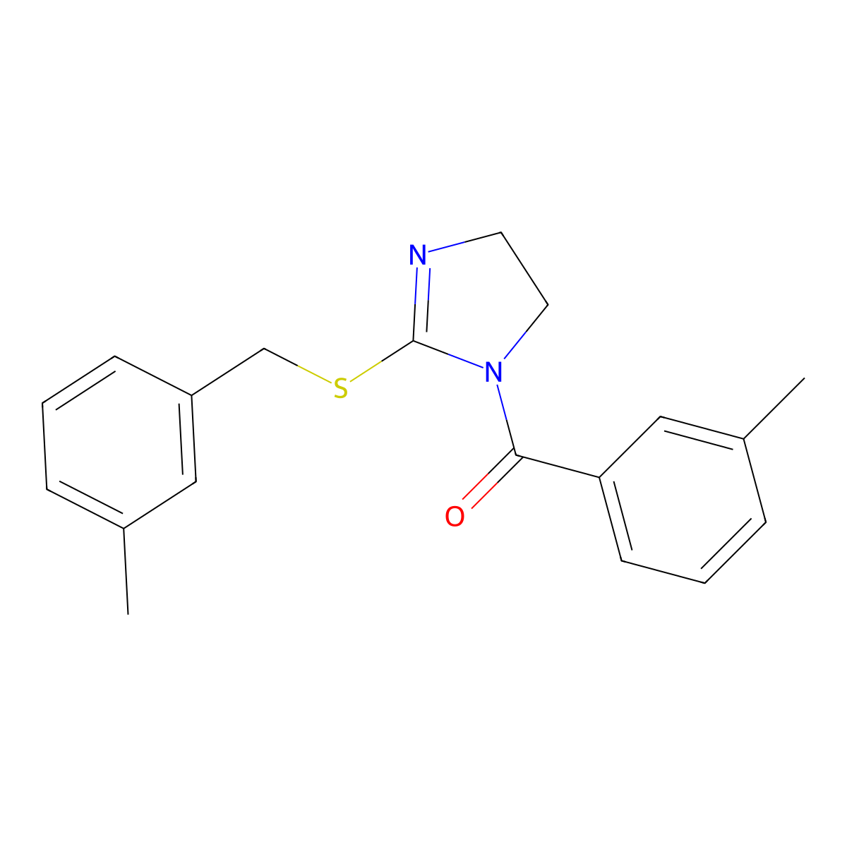 (2-((3-methylbenzyl)thio)-4,5-dihydro-1H-imidazol-1-yl)(m-tolyl)methanone molecular structure, CAS 851803-19-5
